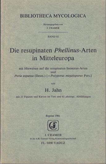 Die resupinaten Phellinus-Arten in Mitteleuropa, mit Hinweisen auf die resupinaten Inonotus-Arten und Poria expansa (Desm.) (= Polyporus megaloporus Pers.). 1966-1967. (Westfälische Pilzbriefe, VI). Reprint 1981. (Bibliotheca Mycologica, 81). 21 Fig. 61 Photogr. IV,116 S. gr8vo. Brosch. (ISBN 3-7682-1307-2)