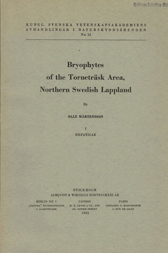 Bryophytes of the Tornetraesk Area, Northern Swedish Lappland. 3 parts. Stockholm 1955-1956. (Kungl.Svenska Vet.Avhdlg. i Naturskydds. 12,14-15). figs. 3 maps. 514 p. Paper bd.
