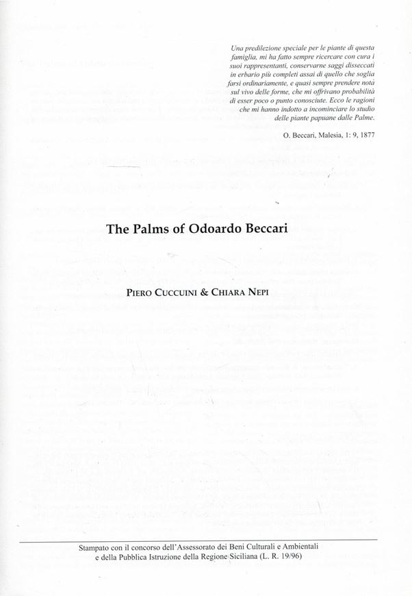 The Palms of Odoardo Beccari. 2006. (Quaderni di botanica ambientale e applicata, 17:1). illus. 251 p. 4to. Paper bd. - In English.