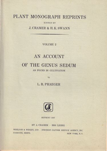 An account of the genus Sedum as found in cultivation. London 1920-1921. (Jl.Roy.Hortic.Soc., 46). 185 figs. IV,314 p. gr8vo. Original paper covers.