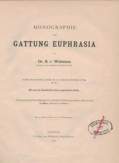 Monographie der Gattung Euphrasia. 1896. (Arbeiten des botanischen Instituts der. k.k. deutschen Universität in Prag, band 9). 14 Taf. 4 Karten. 7 Fig. 316 S. 4to. Hardcover.