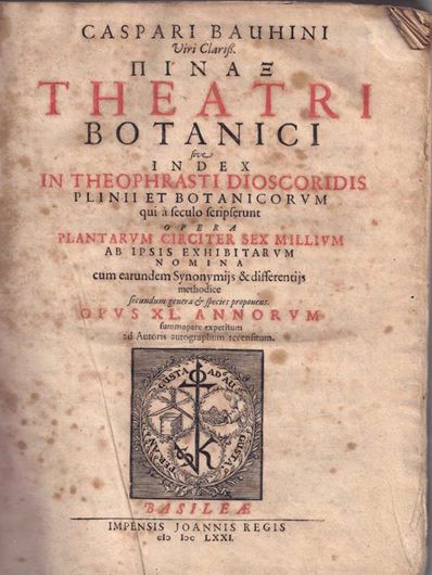 Pinax Theatri Botanici sive Index in Theophrasti Dioscoridis Plinii et Botanicorum qui a seculo scripserunt  Opera Plantarum Circiter Sex Millium ab Ipsis Exhibitarum Nomina cum earundem Synonymijs & differentjs methodice secundum genera & speies proponens. Opus XL. Annorum summopere expetitum Auctoris autographum recensitum. Basileae, Impensis Joannis Regis. 1671.  XXIV, 518 & 22 p. index. gr8vo.