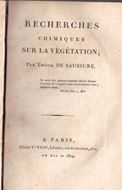 Recherches Chimiques sur la Végétation. Paris, An XII=1804. 1 folding engraved plate (b/w).  VIII, 327 p & 8 p. of Table des Chapitres. Halfleather.