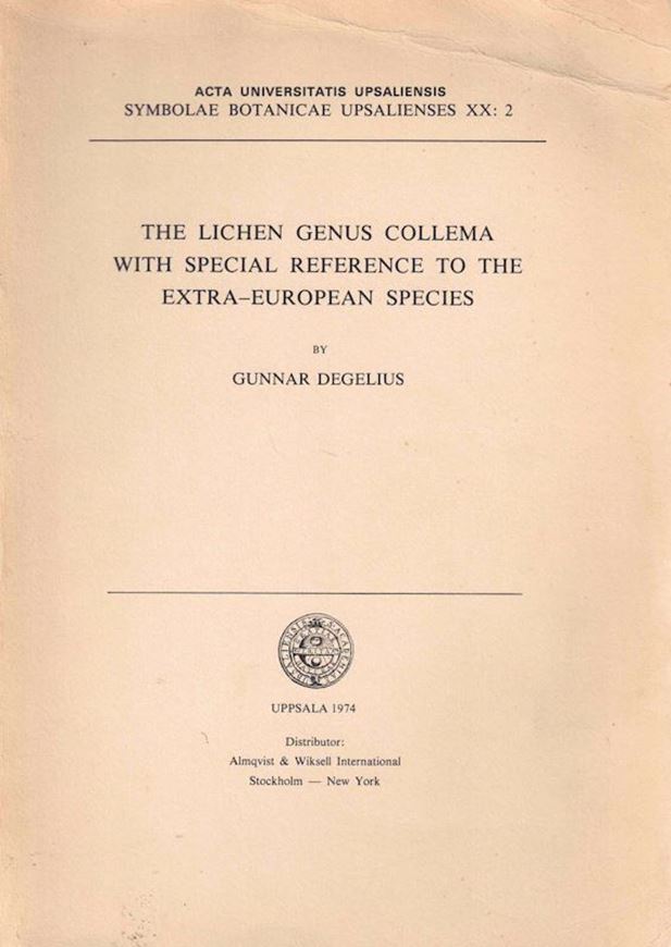 The lichen genus Collema with special reference to the extra-European species. 1974. (Symb.Bot.Upsalienses, XX:2). 65 figs. 215 p. Lex8vo.