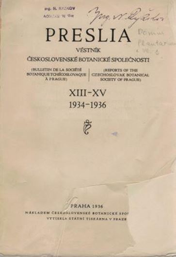 Plantarum Cechoslovakiae Enumeratio species vasculares indigenas et introductas exhibens. 1935. (Preslia, XIII-XV). 305 p. In Latin. 8vo. Bound with one other smaller contribution.