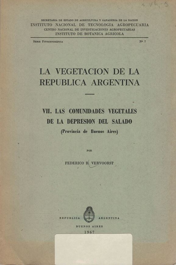 Las comunidades vegetales de la depression del Salado (Prov.Buenos Aires).1967.(Inst.bot.agric.INTA,serie fitogeogr.,no.7) 22 figs.1 map.44 pls.262 p.