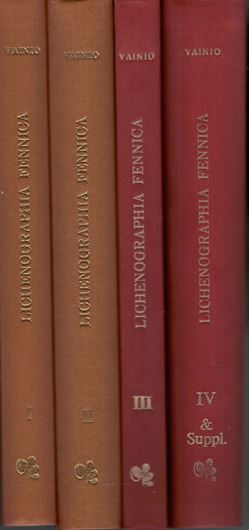 Lichenographia Fennica. Vols. 1,- 4. Helsinki 1921-1934. (Acta pro Fauna et Flora Fennica, vols. 49,53,57). 1283 p. In Latin. Bound with an English obituary on Wainio by K.Linkola, Helsingfors 1934. 26 p. Cloth. Reprint Königstein 1975.