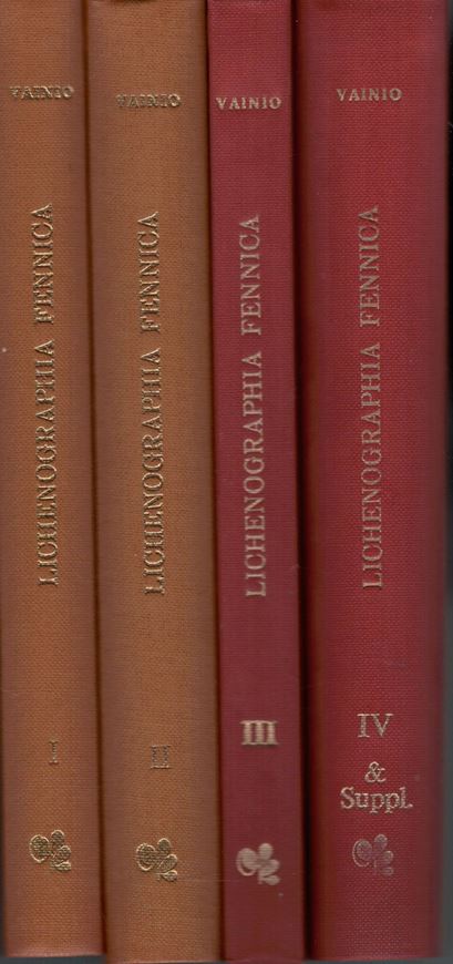 Lichenographia Fennica. Vols. 1,- 4. Helsinki 1921-1934. (Acta pro Fauna et Flora Fennica, vols. 49,53,57). 1283 p. In Latin. Bound with an English obituary on Wainio by K.Linkola, Helsingfors 1934. 26 p. Cloth. Reprint Königstein 1975.