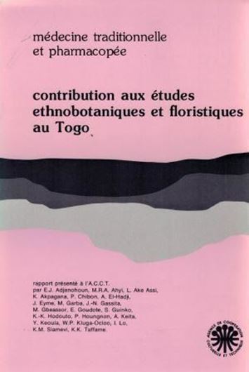 Médecine traditionnelle et pharmacopée. Contribution aux etudes ethnobotaniques et floristiques au Togo. 1986. 173 pls. (line-drawings). 2 figs. 671 p. gr8vo. Paper bd.