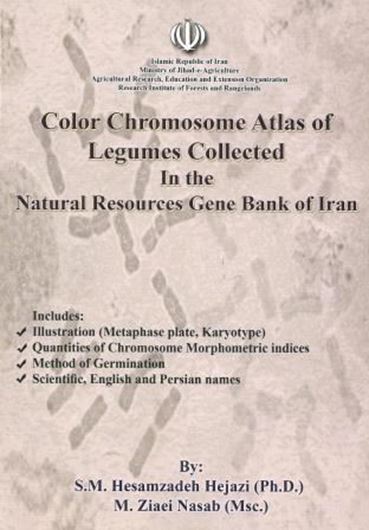 Color Chomosome Atlas of Legumes Collected in the Natural Resources Gene Bank of Iran. (no publicstion year; after 2000). Many chromosome figures, approx. 200 pages. gr8vo. Paper bd.