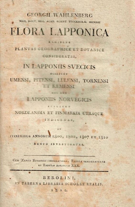 Flora Lapponica. Exhibens plantas geographice et botanice consideratas, in Lapponiis Svecicis ... et itineribus annorum 180, 1802, 1807 et 1810 denuo investigatas. Berolini: Scholae Realis, 1812. LXVI, 550 p. & (30 S.). Broschiert. Unbeschnitten.