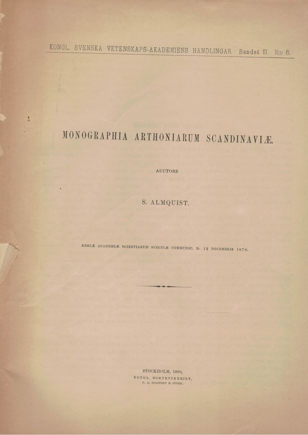 Monographia Arthoniarum Scandinaviae. 1880. (Kongl. Svenska Vetenskaps - Ak. Handlingar, 17:6). 69 p. 4to.- Original paper cover.