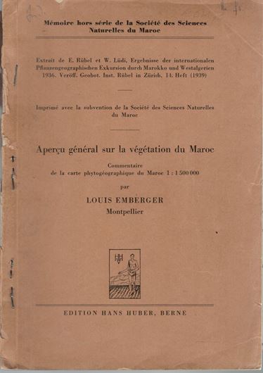 Apercu général sur la végétation du Maroc. Commentaire de la carte phytogéographique du Maroc 1: 1.500.00. 1939. ( Veröff. Geobot. Inst. Rübel in Zürich, Heft 14).  1 foldg. col. map. 117 p. gr8vo. Paper covers.