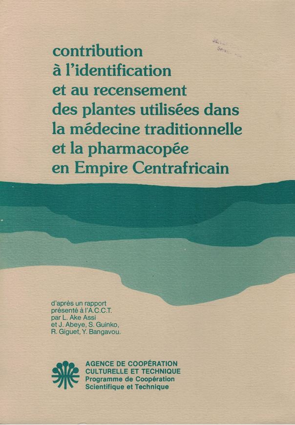 Contribution à l'identification et au récensement des plantes utilisées dans la médecine traditionelle et la pharmacopée en Empire Centrafricain. 1978. 90 line drawings on plates. 139 p. 4to. Paper bd.