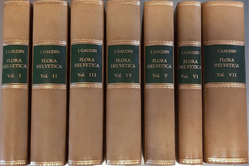 Flora Helvetica Sive Historia Striüium Hucusque Cognitarum in Helvetia et in Tractibus Conterminis aut Sponte Nascentium au in Hominis Animaliumque Usus Vulgo Cultarum Continuata. Turici (Zürich), 1828-1833.28 mostly col.engraved plates. XLVI, 3874 p. gr8vo. Halfleather.