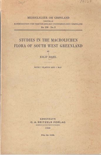 Studies in the Macrolichen Flora of South West Greenland. 1950. (Meddelelser om Grönland, 150:2). 1 fodg. map. 7 pls. 176 p. gr8vo. Paper bd.