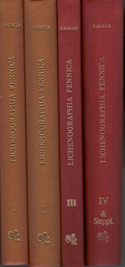 Lichenographia Fennica. Vols. 1,- 4. Helsinki 1921-1934. (Acta pro Fauna et Flora Fennica, vols. 49,53,57). 1283 p. In Latin. Bound with an English obituary on Wainio by K.Linkola, Helsingfors 1934. 26 p. Cloth. Reprint Königstein 1975.