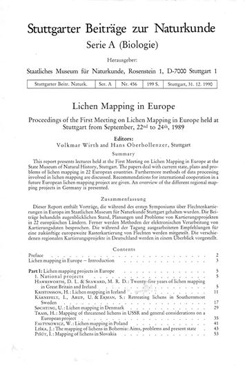 Lichen Mapping in Europe. Proceedings of the First Meeting on Lichen Mapping in Europe held at Stuttgart from September 22nd to 24th,1989. Publ. 1990. (Stuttgarter Beiträge zur Naturkunde, Serie A, No. 456). illus. 199 p. gr8vo. Paper bd.
