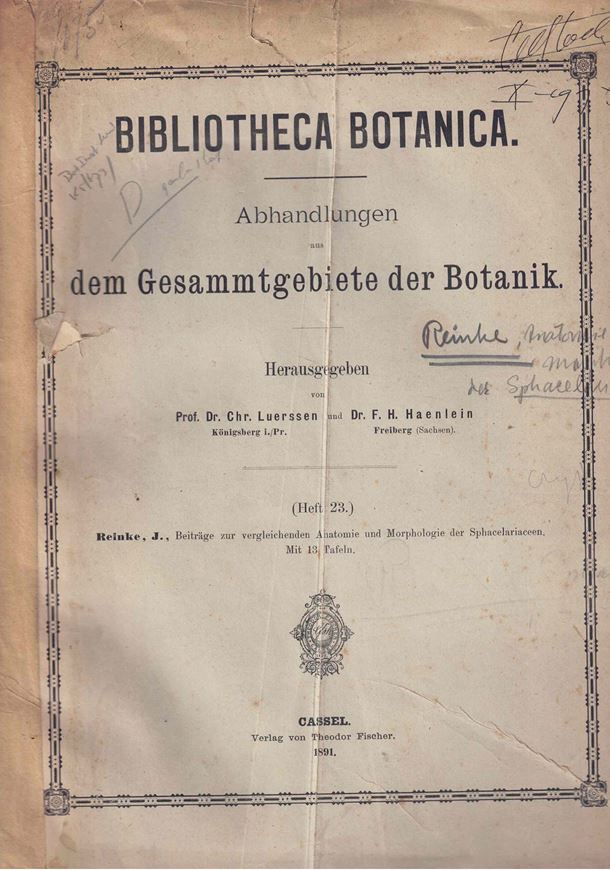 Beiträge zur vergleichenden Anatomie und Morphologie der Sphacelariaceen. 1891. (Bibliotheca Botanica, 23). 13 Tafeln. 40 S. 4to.- Originalbroschur.