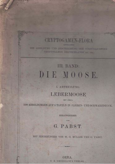 Cryptogamen - Flora enthaltend die Abbildung und Beschreibung der vorzüglichsten Cryptogamen Deutschlands. Band III: Die Moose, Abtheilung 1:Lebermoose mit ca. 500 Abbildungen auf 8 8 Tafeln in Farben- und Schwarzdruck. 1877. 8 teilweise farbige lithogr. Tafeln. 2. 36 S. Broschiert. - Folio.