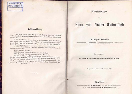 Nachträge zur Flora von Nieder - Österreich. 1866. VIII, 104 S. Halbleinen.