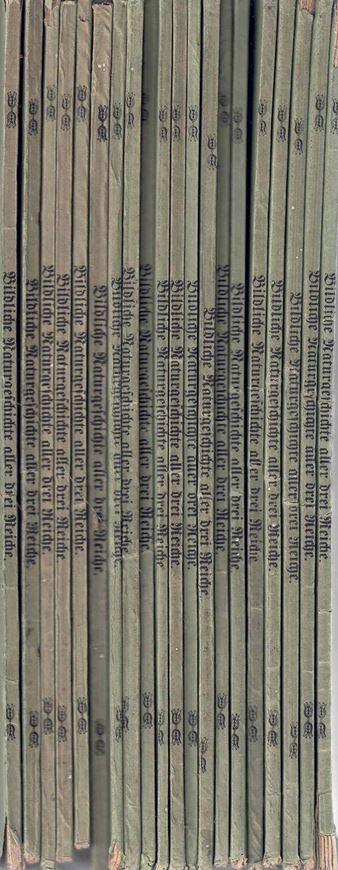 Bildliche Naturgeschichte aller drei Reiche mit vorzüglicher Berücksichtigung der für das allgemeine Leben wichtigeren Naturprodukte. Lieferung 1 - 20.Pest 1858. 88 farbige zoolog. Tafeln, 16 farbige botanische Tafeln, 2 mineralogische Tafeln.. 4to. Broschiert. - In Heften.