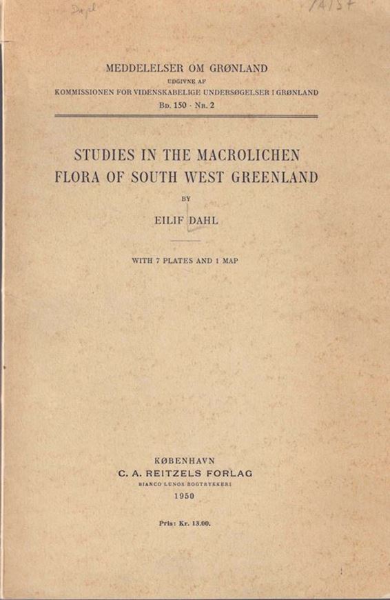 Studies in the Macrolichen Flora of South West Greenland. 1950. (Meddelelser om Grönland, 150:2). 1 fodg. map. 7 pls. 176 p. gr8vo. Paper bd.